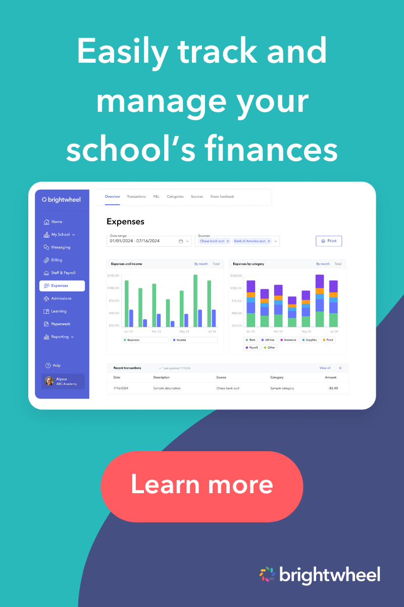 Easily track and manage your school's finances with brightwheel's expense management feature Easily track and manage your school's finances with brightwheel's expense management feature