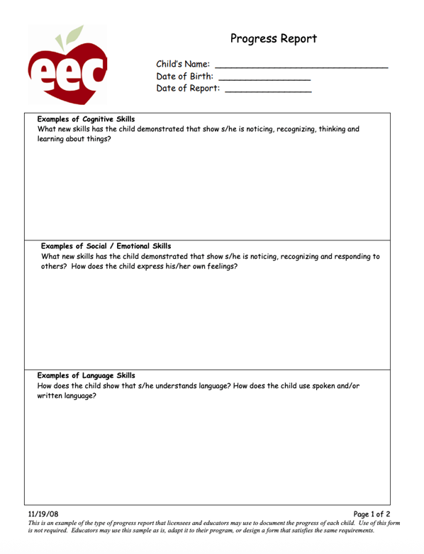 Template of a daycare progress report