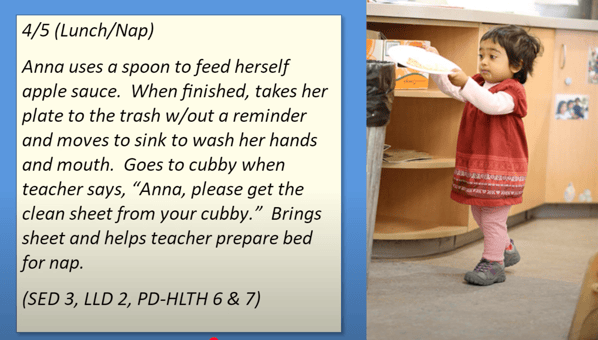 A DRDP observation that documents a child’s progress in the social and emotional development, language and literacy development, and physical development-health domains.