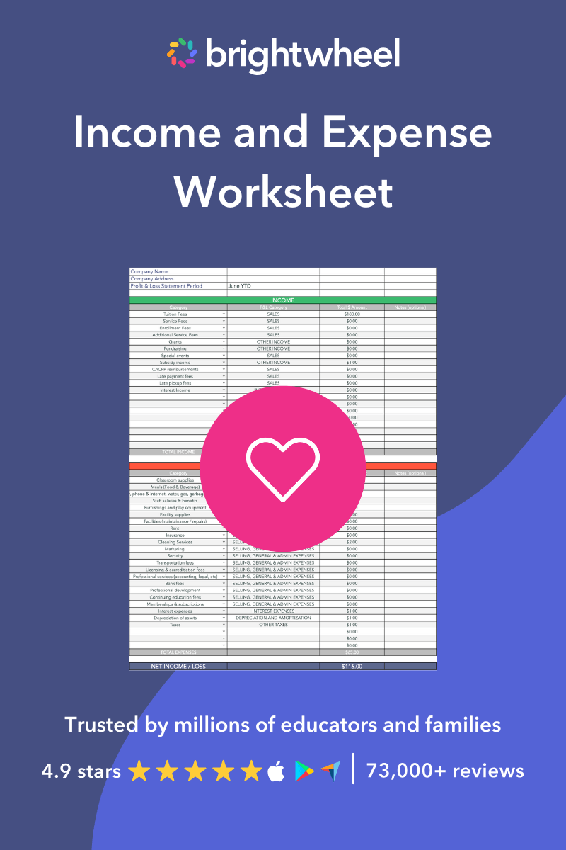 A sidebar banner that promotes a free Income and Expense Worksheet.